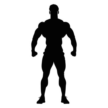 Güçlü pozlarda kaslarını esneten kaslı bir adamın vektör silueti, fitness markalaşması için mükemmel vücut geliştirme promosyonları, spor posterleri, egzersiz programları veya güç eğitim görselleri. Vektör
