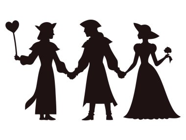 Ortaçağ Aşk Üçgeni 'nin Vector Silhouette' si. Şövalye, Leydi ve Rakip Saray Aşkı, Kıskançlık, Romantizm, Yasak Aşk ve Klasik Gotik Temalar. Vektör illüstrasyonu