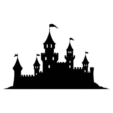 Beyaz arka planda güçlü kale çizgileri olan ortaçağ kalesi siluet vektörü, fantezi kitabı kapakları, peri masalı grafik tasarımı, tarihi çizimler veya büyülü hikaye kavramları için mükemmel.