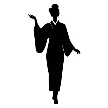 Uzun kollu ve zarif saç stili olan, Japon kültür mirasını temsil eden, geleneksel sanat eserleri, posterler veya temalı dekorlar için ideal, resmi kimonolu zarif bir kadın silueti. Vektör