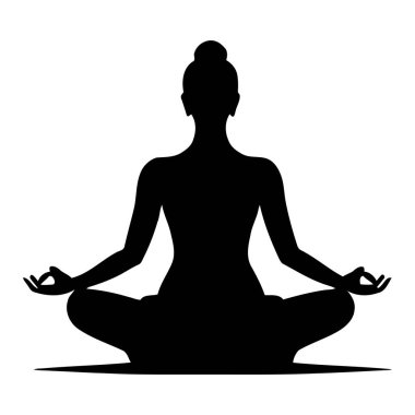 Açık havada meditasyon yapan kadın silueti sükuneti yansıtıyor, doğa bağlantısı ve vektör illüstrasyonunda zihinsel sağIık. Vektör illüstrasyonu