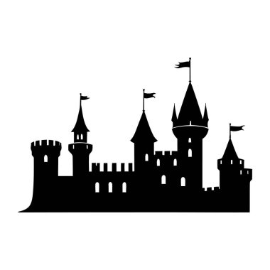 Beyaz arka plana izole edilmiş kale silueti vektörü, peri masalı tasarımı, fantezi sanatı, hikaye kitabı çizimi veya tarihi temalı grafikler için ortaçağ kale ana hatları. - Evet. Vektör illüstrasyonu