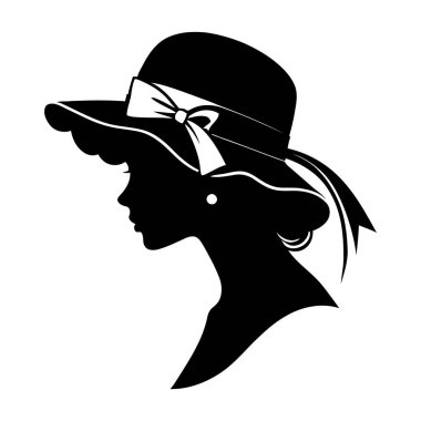 Moda markalaştırma, güzellik çizimleri, zarif giyim tasarımları ya da klasik tarz sanat eserleri için mükemmel bir şapka giyen modaya uygun bir kadın silueti. Vektör