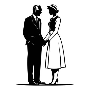 Yaşlı Adam ve Orta Çağ Kadını 'nın Silueti Nesiller Arasında Aşkı, Aile Bağını, Yaş Aralığı İlişkisini ve Vector Illustration' da Duygusal Bağ 'ı Elleriyle Tutuyor. Vektör illüstrasyonu
