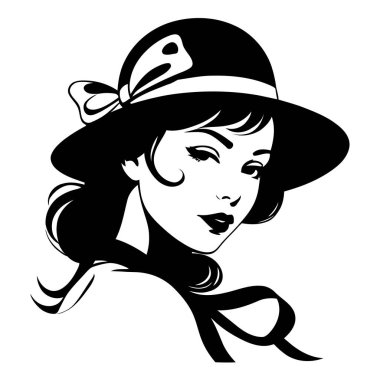 Şık Kadın Silueti Geniş Kenarlı Şapka Giyen ve Moda, Güzellik, Yaşam Tarzı ve Vector Illustration Style 'da Eski Aksesuarlar İçin Dalgalı Saç Tarzı. Vektör