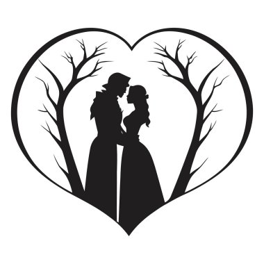 Ortaçağ Aşıkları 'nın Silueti Bir Kalp Şeklinde Kucaklandı Romantizmi, Şövalyeliği, Tarihi Aşkı, Şövalyeleri ve Gotik ve Klasik Sanat Tarzında Zamansız Sevgi. Vektör illüstrasyonu