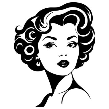 Doğal kısa bukleli bir kadının modern vektör çizimleri, moda yazıları, kuaför kimliği tasarımı, güzellik ambalajı veya karakter tabanlı grafik projelerinde kullanılmak üzere beyazda izole edilmiş. Vektör