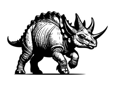 Boynuzlu ve Dikenli Yüzlü Styracosaurus Dinozor 'un Vektörü Silhouette Tarih Öncesi Yaratık, Bitkisel Dino, Kretase Dönemi ve Jurassic Vahşi Yaşam Sanatı' nı temsil ediyor. Vektör illüstrasyonu