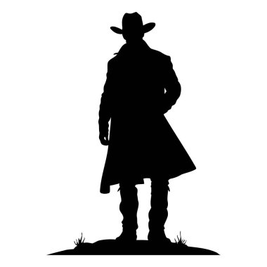 Uzun bir palto giyen kovboy silueti ve batı logoları için kendine güvenen vahşi batı figürü bir vektör çizimler ve klasik tasarımlar için uygun. Vektör illüstrasyonu