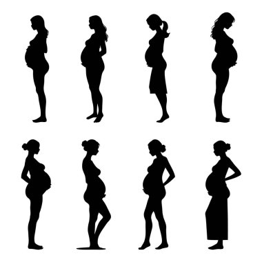 Bir grup hamile kadın çeşitli pozlarda anne olmayı kutluyor. Beklenmedik anne vektör siluetleri sağlık kampanyaları için mükemmel anne tasarımları ve aile temaları için. Vektör