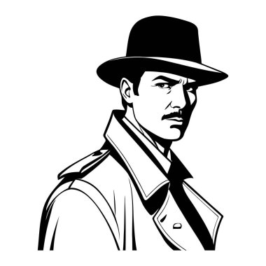 Şık dedektif yarı vücut portresi silueti, trençkot şapkası ve polisiye romanlar ve gizemli damgalar için uygun keskin profil vektörü. Vektör illüstrasyonu