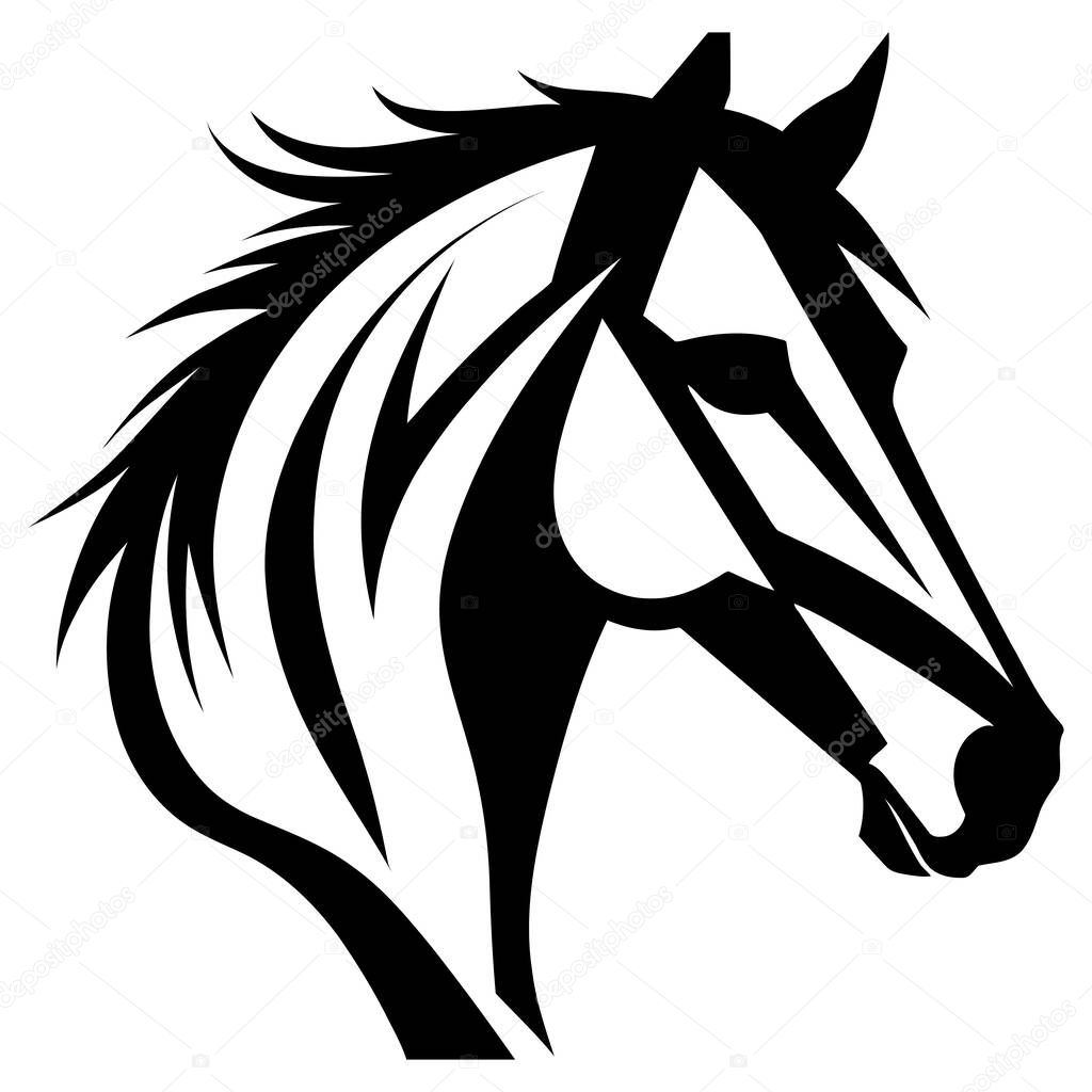 Strong horse head portrait silhouette with textured mane and focused eyes detailed vector suitable for equestrian sports, ranch branding, and nature illustrations . Vector illustration