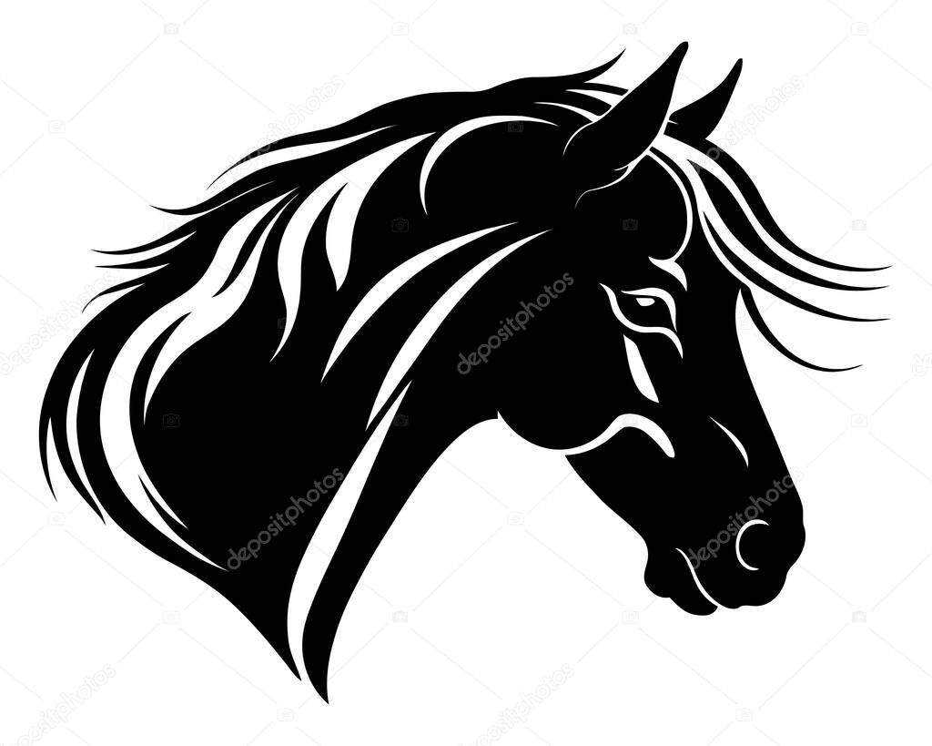 Side profile horse head vector silhouette with expressive eyes and detailed mane perfect for equestrian branding, animal care logos, and wildlife illustrations . Vector illustration