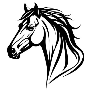 Kalın çizgileri ve akıcı yelesi olan at başlı at başı görünümü silueti klasik logolar, tarım markalaşması ve doğadan esinlenilmiş sanat eserleri için ideal bir artistik at vektör tasarımı. Vektör illüstrasyonu