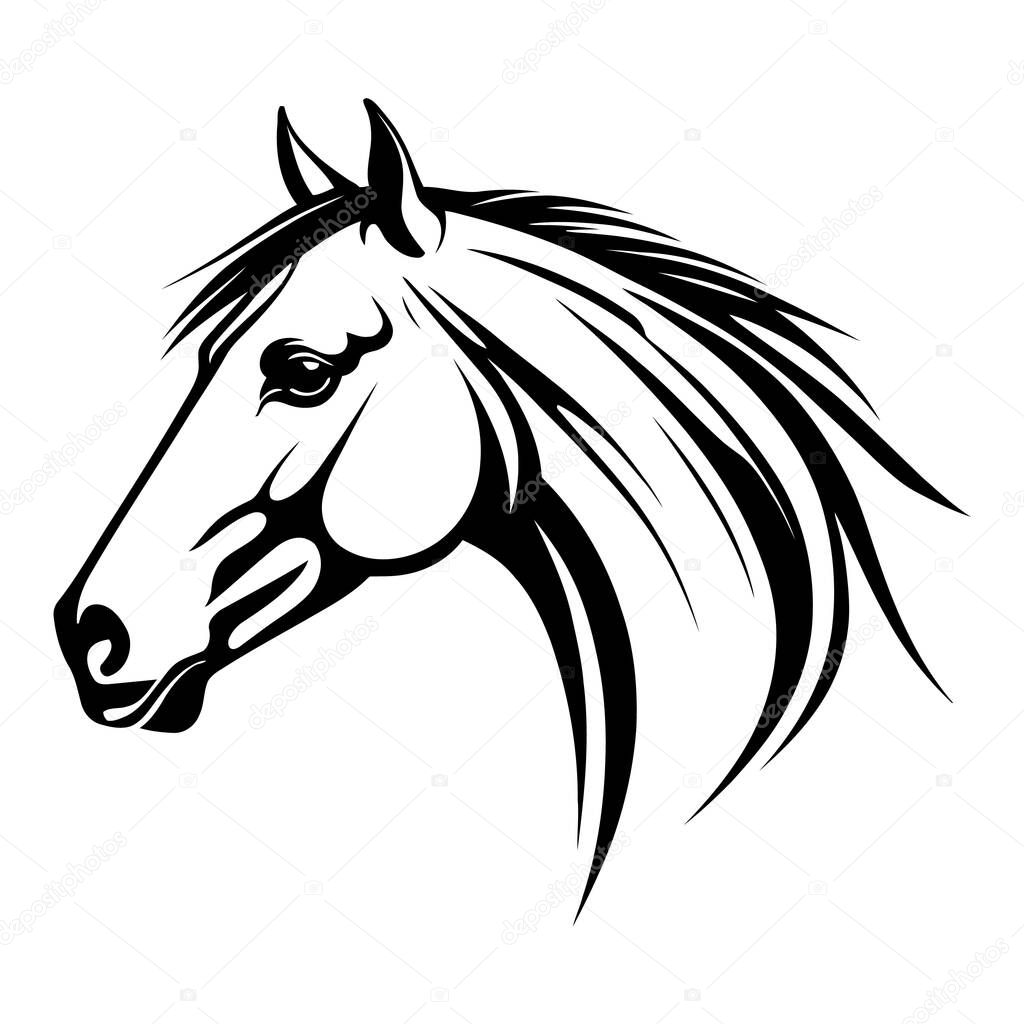 Realistic horse head silhouette with dynamic mane flowing in the wind natural animal portrait vector suitable for western logos, horse racing, and outdoor themes . Vector illustration