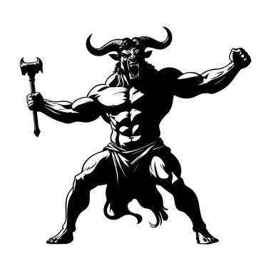 Efsanevi sanat, fantezi rol yapma ve macera oyunu karakterleri için uygun pozlar veren hareketli Minotaur savaşçı vektör silueti. Vektör illüstrasyonu