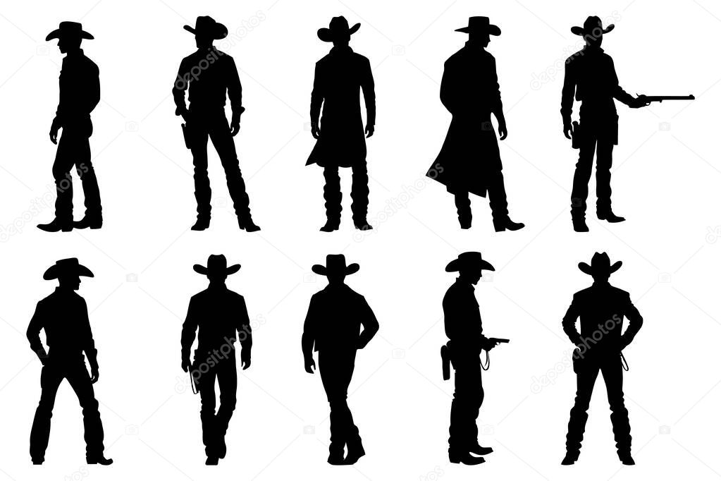 Group of cowboy silhouettes standing tall with guns ready western wild west shootout scene rugged rancher style vector perfect for country designs vintage logos . Vector illustration
