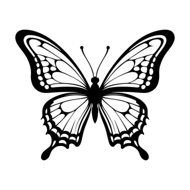 Simetrik kelebek kanatları silueti vektörü vahşi yaşam logoları sanatsal baskılar ve böcek temalı yaratıcı grafikler için ayrıntılı ve stilize edilmiş kanat tasarımı. Vektör illüstrasyonu