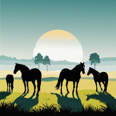 A serene landscape with silhouetted horses grazing under a large, radiant sun, surrounded by lush greenery and distant hills, evoking a peaceful, natural setting. clipart