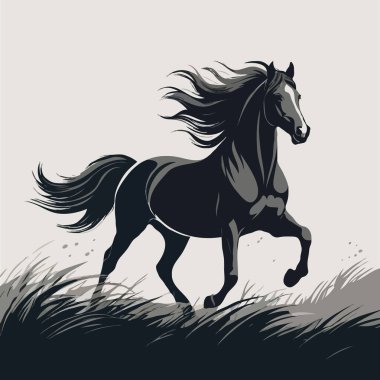 A majestic black horse with a flowing mane and tail gallops through a field of tall grass, depicted in a dynamic and stylized vector illustration. clipart