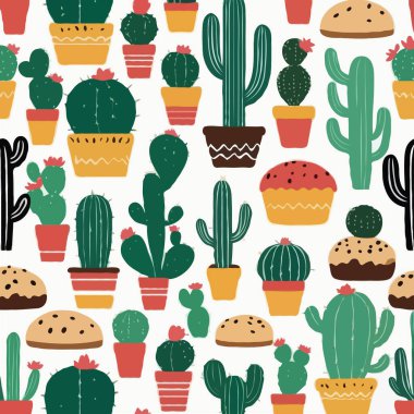 Dikensiz kaktüs deseni. Düz dizaynda elle çizilmiş vektör çizimi