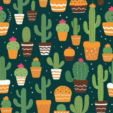 Şirin kaktüsler ve çiçeklerin dikişsiz desenleri