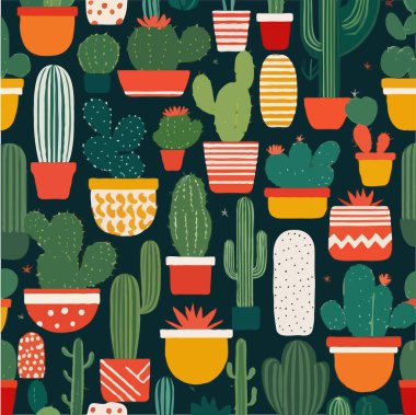 Kusursuz desen. Kaktüs, çiçekler ve bitkiler.
