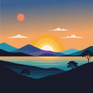 Dağların vektör çizimi ile güzel bir gün batımı sahnesi