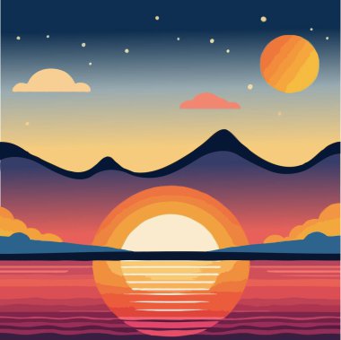 Arka plan vektör çiziminde dağlarla güzel bir gün batımı