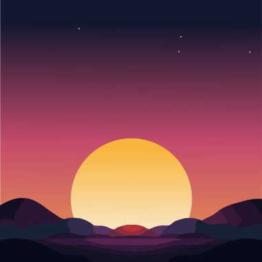 Büyük, canlı, sarı bir güneş ufka hükmediyor. Yuvarlanan tepelerin üzerine sıcak bir parıltı saçıyor. Gökyüzü mor ve pembenin tonlarıyla boyanmıştır. Uzakta parıldayan birkaç yıldız vardır. Huzur ve sükuneti çağrıştırıyor..