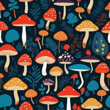 Değişik renkte orman mantarları ve mantarları olan kusursuz vektör deseni
