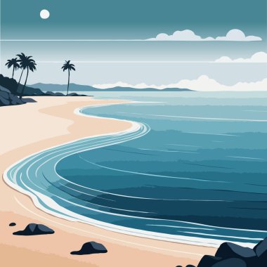 Palmiyeli, ağaçlı ve dalgalı güzel tropikal plaj, vektör çizimi