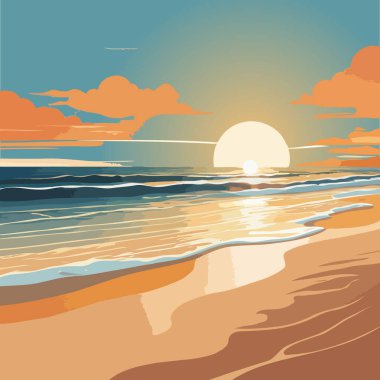 Sahilde gün batımı güzel bir deniz ve güzel bir manzara. vektör illüstrasyonu.