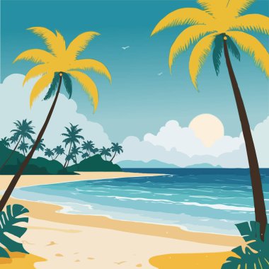 Palmiyeler ve deniz manzaralı tropik sahil manzarası, vektör çizimi