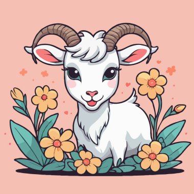 Büyük gözleri, beyaz kürkü ve boynuzları olan, pastel arka planda canlı çiçeklerle çevrili büyüleyici bir çizgi film keçisi..
