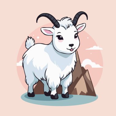 Boynuzlu büyüleyici beyaz bir keçi, gülümsüyor, dingin bir dağ zeminine kurulmuş, keyifli ve huzurlu bir sahne yaratıyor..