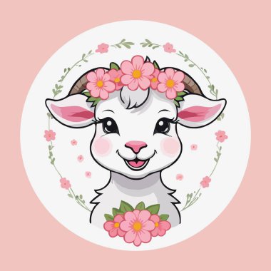 Çiçekli sevimli bir keçi resmi, gülümsüyor, pembe çiçeklerle çevrili pembe bir arka planda..