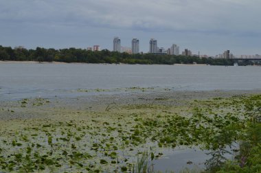 Ufuktaki yüksek binalar Kyiv 'de Dnipro Nehri, Hidropark ve plaj yakınında.