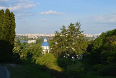 Kyiv 'deki Botanik Bahçesi. Leylak çalıları ve kilise.