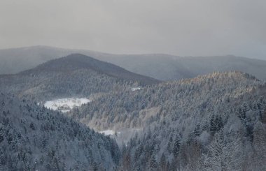 Karpatlar 'ın karlı dağlarının zirvelerinin kış manzarası - Bukovel' de tatil köyü