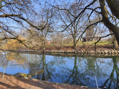 Tahta rıhtım yansıtıcı nehir manzarasına uzanıyor.