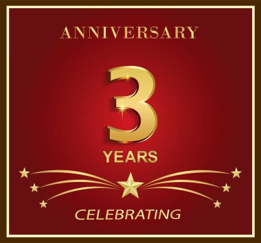 3. yıl dönümü logo şablonu. Çerçevede kırmızı arka planda yıldızlarla geçen 3 yıllık altın sayı. Tebrik kartı, broşür, kapak, poster, ağ, doğum günü için vektör tatil tasarımı