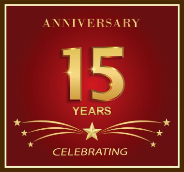 15. yıl dönümü logo şablonu. Çerçevede kırmızı arka planda yıldızlarla geçen 15 yıllık altın sayı. Tebrik kartı, broşür, kapak, poster, ağ, doğum günü için vektör tatil tasarımı.