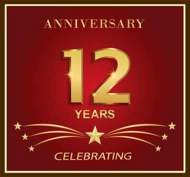 12. yıl dönümü logo şablonu. Çerçevede kırmızı arka planda yıldızlarla geçen 12 yıllık altın sayı. Tebrik kartı, broşür, kapak, poster, ağ, doğum günü için vektör tatil tasarımı