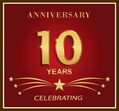 10. yıl dönümü logo şablonu. Çerçevede kırmızı arka planda yıldızlarla geçen 10 yıllık altın sayı. Tebrik kartı, broşür, kapak, poster, ağ, doğum günü için vektör tatil tasarımı