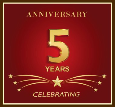 5. yıldönümü logo şablonu. Çerçevesinde kırmızı arka planda yıldızlarla geçen 5 yıllık altın sayı. Tebrik kartı, broşür, kapak, poster, ağ, doğum günü için vektör tatil tasarımı