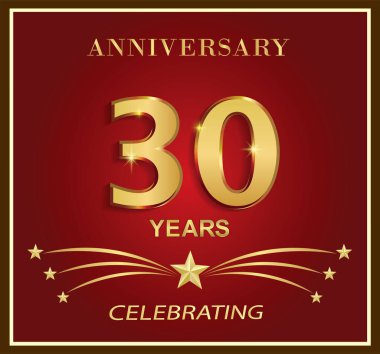 30. yıl dönümü logo şablonu. Çerçevesinde kırmızı arka planda yıldızlarla geçen 30 yıllık altın sayı. Tebrik kartı, broşür, kapak, poster, ağ, doğum günü için vektör tatil tasarımı.