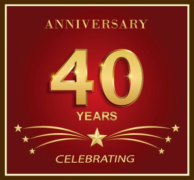 40. yıl dönümü logo şablonu. Çerçevesinde kırmızı arka planda yıldızlarla geçen 40 yıllık altın sayı. Tebrik kartı, broşür, kapak, poster, ağ, doğum günü için vektör tatil tasarımı