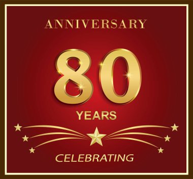 80. yıl dönümü logo şablonu. Çerçevesinde kırmızı arka planda yıldızlarla geçen 80 yıllık altın sayı. Tebrik kartı, broşür, kapak, poster, ağ, doğum günü için vektör tatil tasarımı.