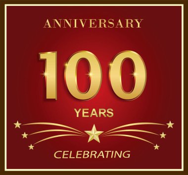100. yıl dönümü logo şablonu. Çerçevesinde kırmızı arka planda yıldızlarla geçen 100 yıllık altın sayı. Tebrik kartı, broşür, kapak, poster, ağ, doğum günü için vektör tatil tasarımı